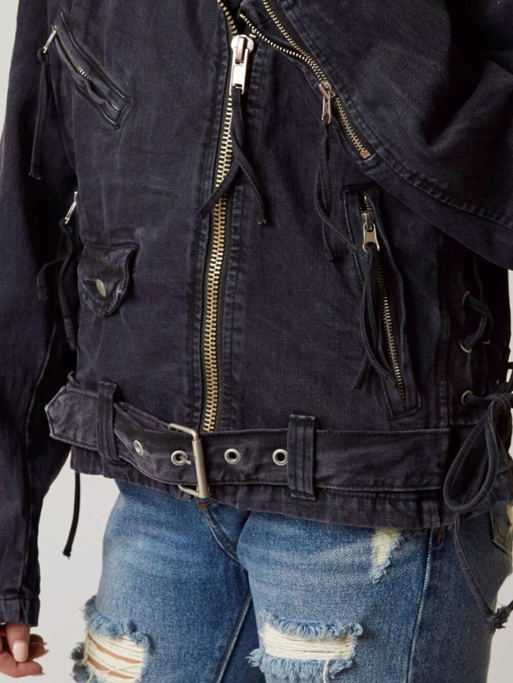Free People Washed Black Oversized Moto Jacket L | Asym Zip Utility Belted - Picture 3 of 8